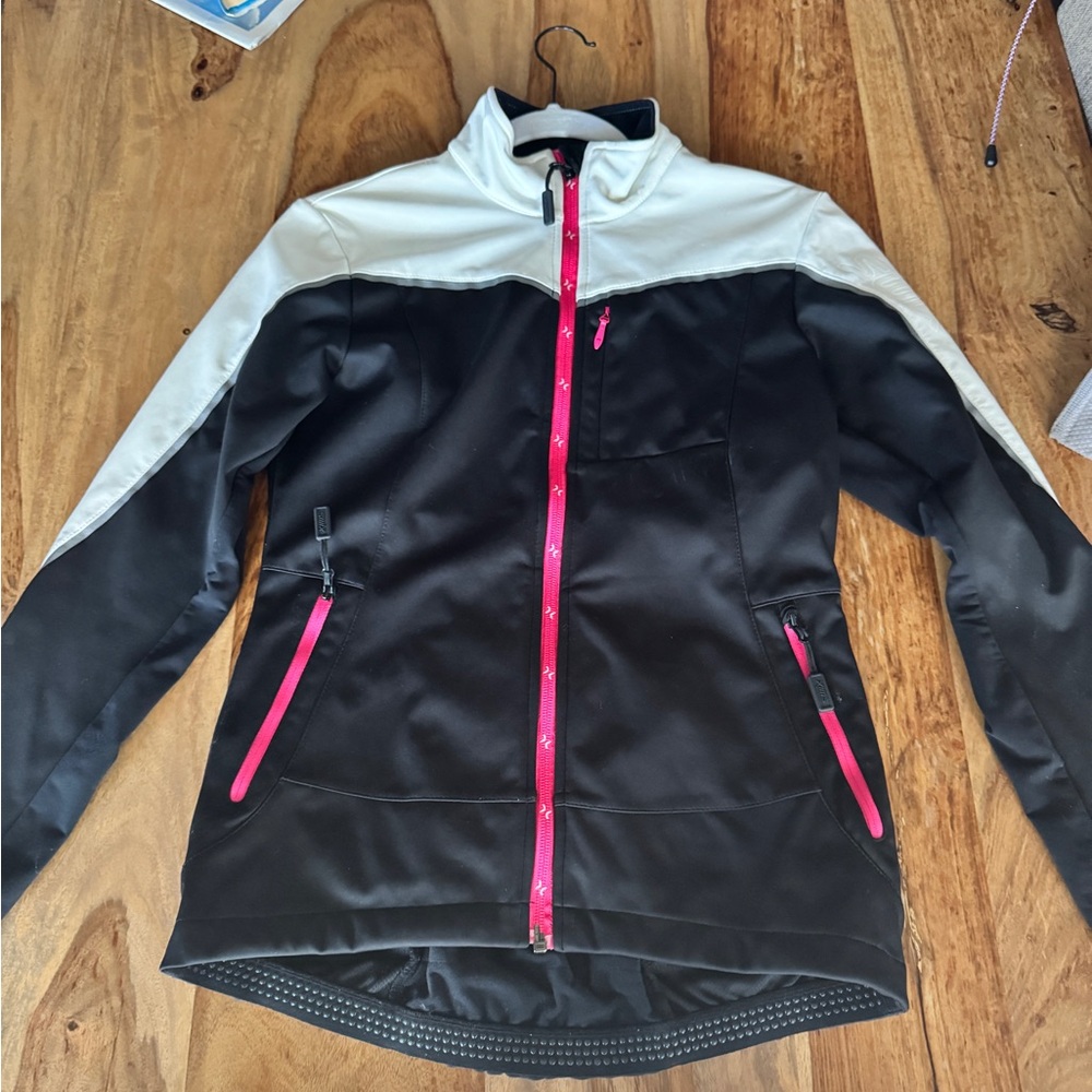 Women's Black and White Ski Jacket with Pink Zippers